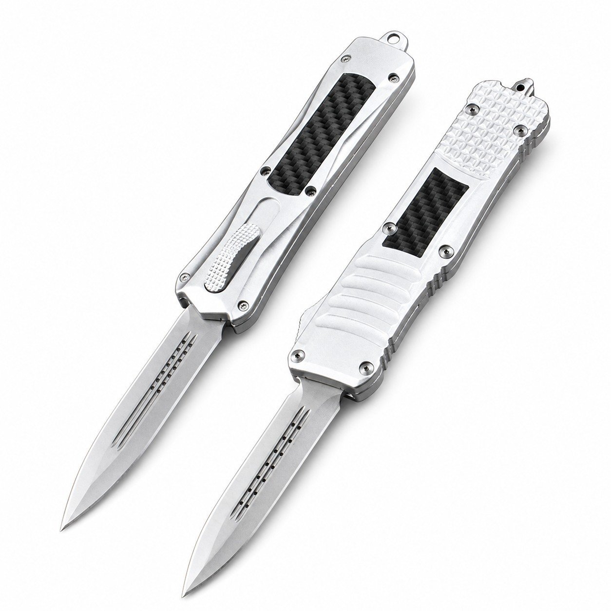 49761-main-white-clean.jpg Zinc Handle, Large Dragon, Silver Handle, Carbon Fiber OTF Knife