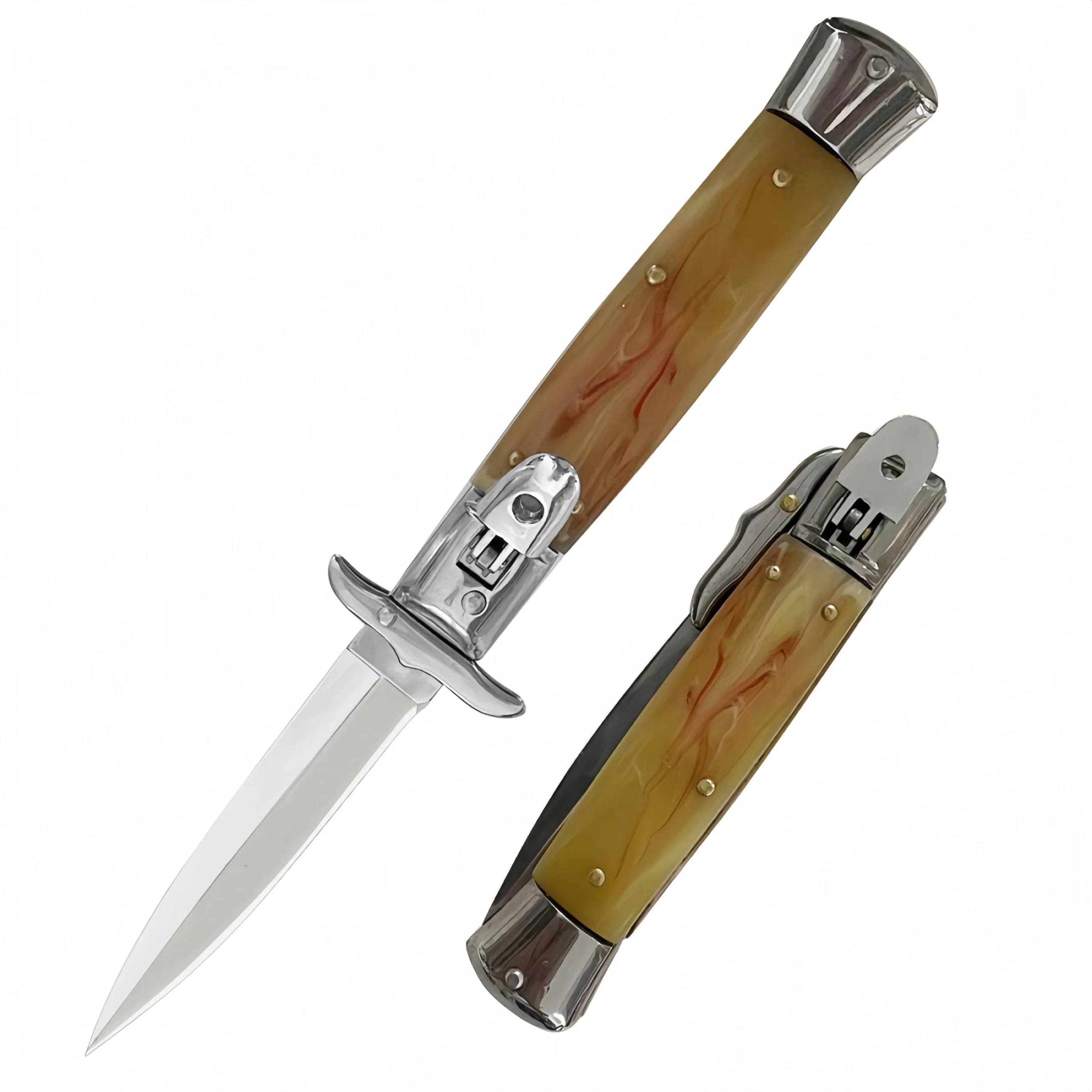 O1CN01eQu0PZ1zdbOO2rO3D_2220574796737-0-cib-scaled-1.webp Automatic Flick Knife Stiletto Knife – Classic Italian Style Horn Handle