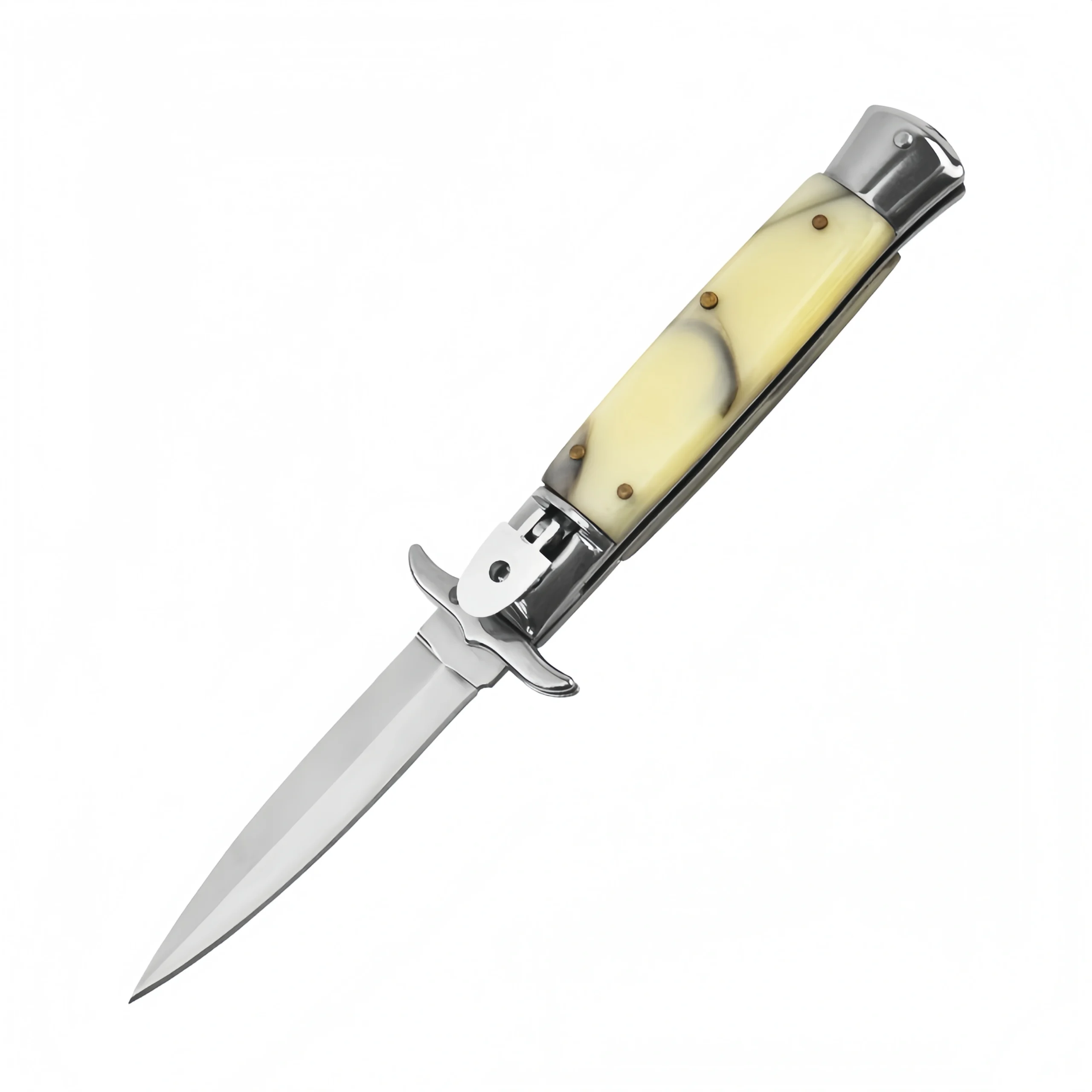 O1CN01ktadL31zdbOK4iOEh_2220574796737-0-cib-scaled-1.webp 9 Inch Italian Stiletto Knife – Yellow Resin Handle Automatic Switchblade