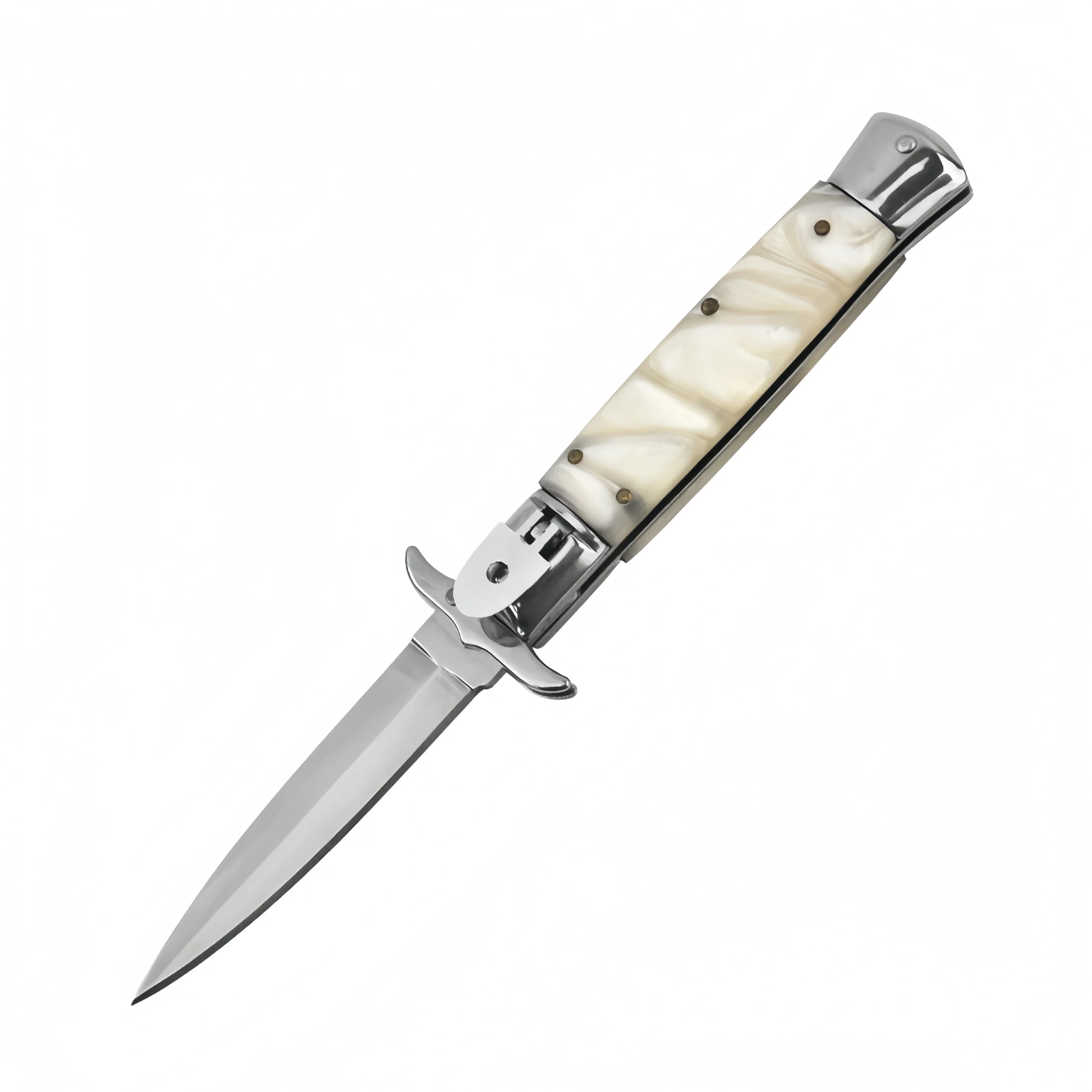 O1CN01yQNWsL1zdbOItEbqp_2220574796737-0-cib-scaled-1.webp 9 Inch Italian Stiletto Knife – White Imitation Ivory Handle Automatic Switchblade
